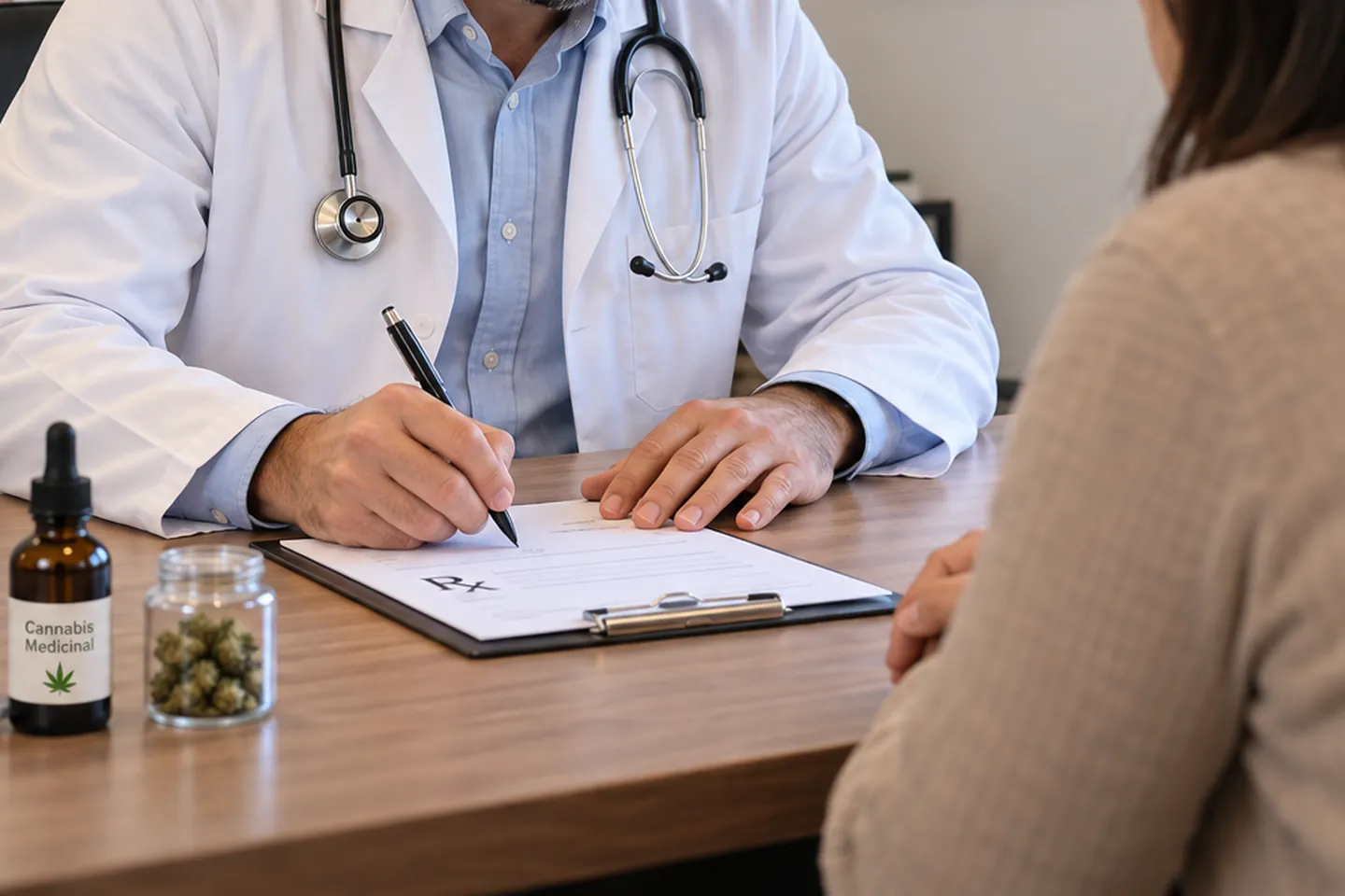 Advogado analisando laudos e prescrições médicas sobre a mesa