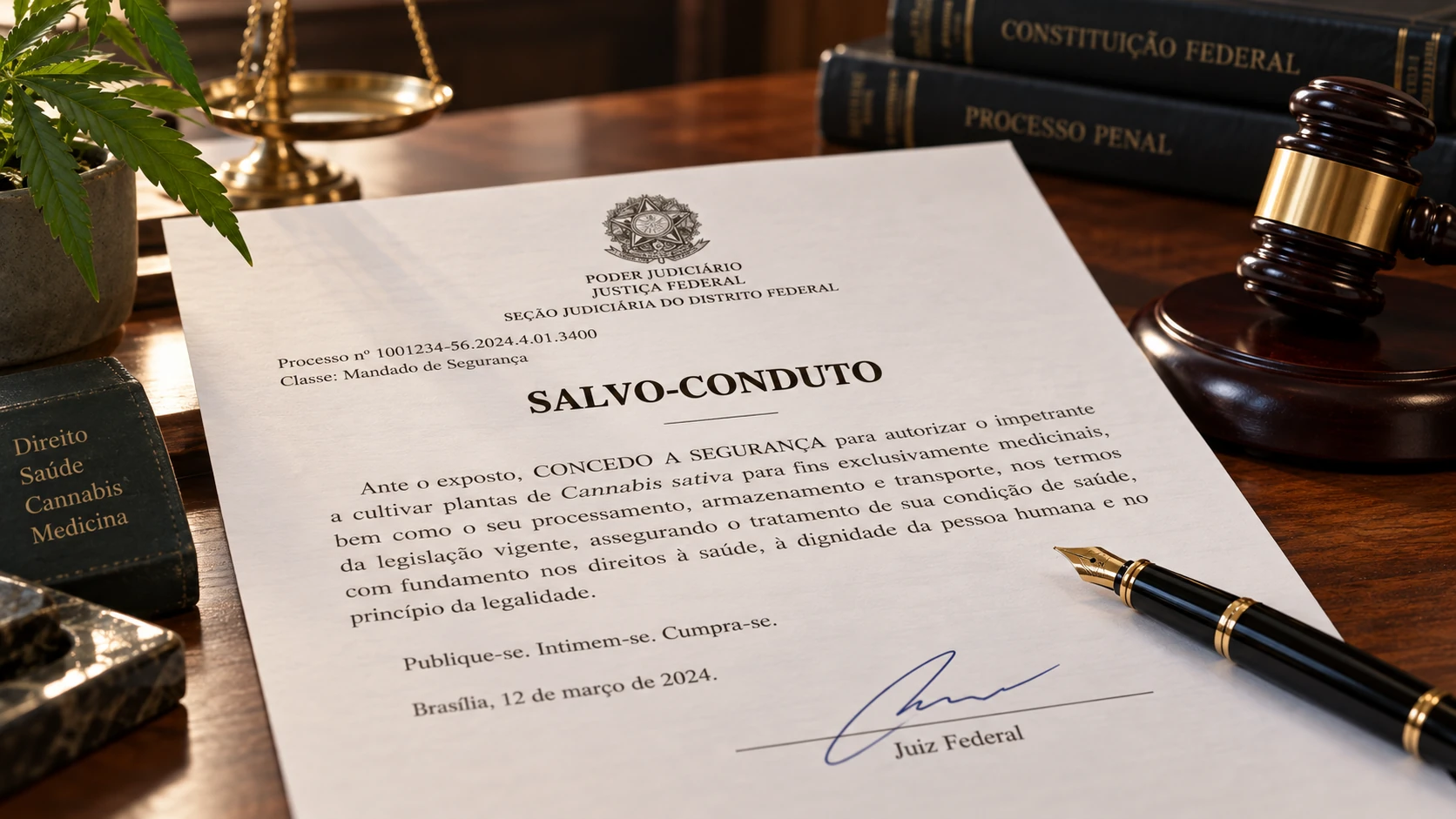 Documento de decisão judicial assinado sobre a mesa de um escritório